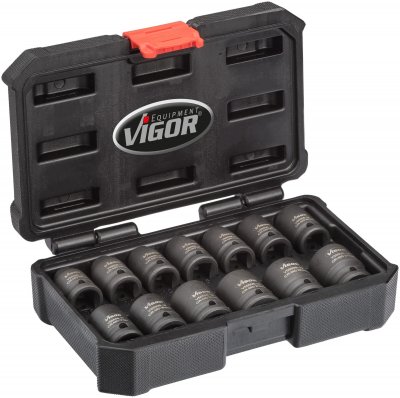 VIGOR Sortiment nástrčných hlavíc pre rázový a strojový uťahovač, krátkych V5550S ∙ 1/2" ∙ 13 ks