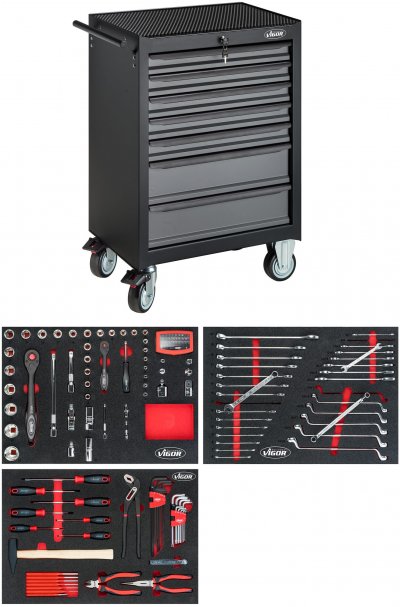VIGOR V2379N Dielenský vozík a sada „Black Edition“, 164 ks náradia